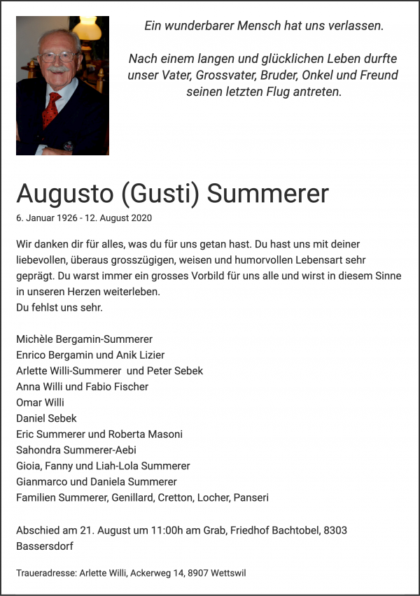 Obituary Augusto (Gusti) Summerer, Birchwil