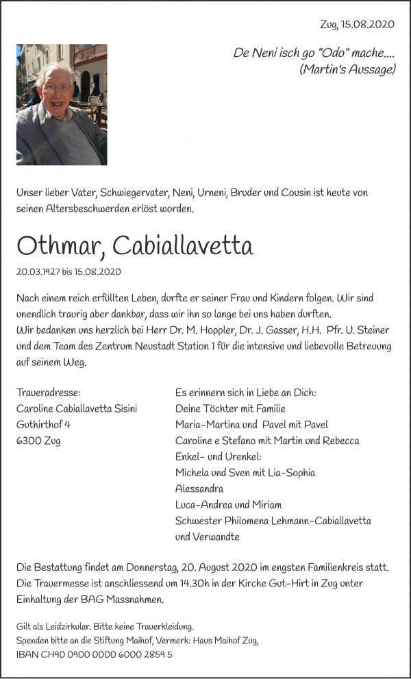 Obituary Othmar, Cabiallavetta, Zug