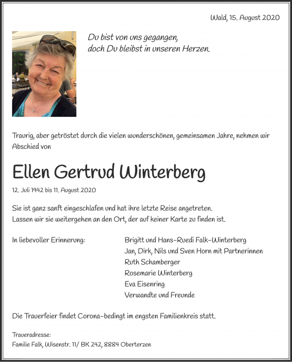 Avis de décès de Ellen Gertrud Winterberg, Wald
