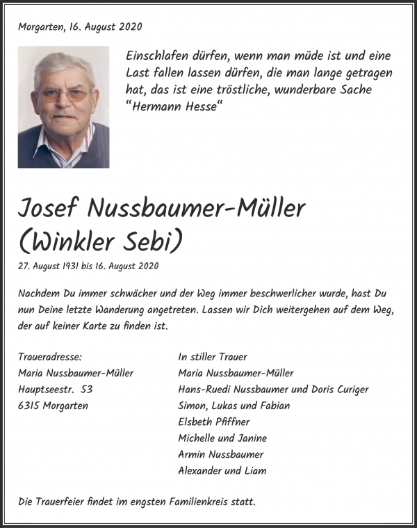Todesanzeige von Josef Nussbaumer-MÃ¼ller (Winkler Sebi), OberÃ¤geri