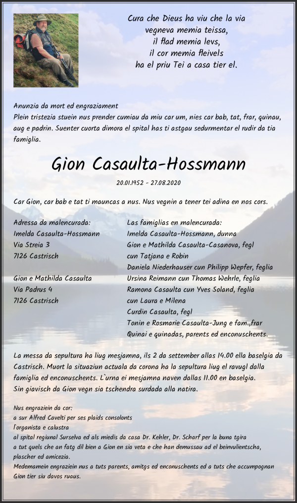 Avis de décès de Gion Casaulta-Hossmann, Castrisch