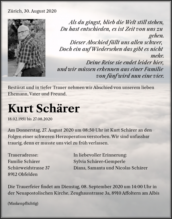 Avis de décès de Kurt Schärer, Obfelden