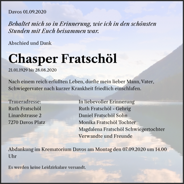 Avis de décès de Chasper Fratschöl, Davos Platz
