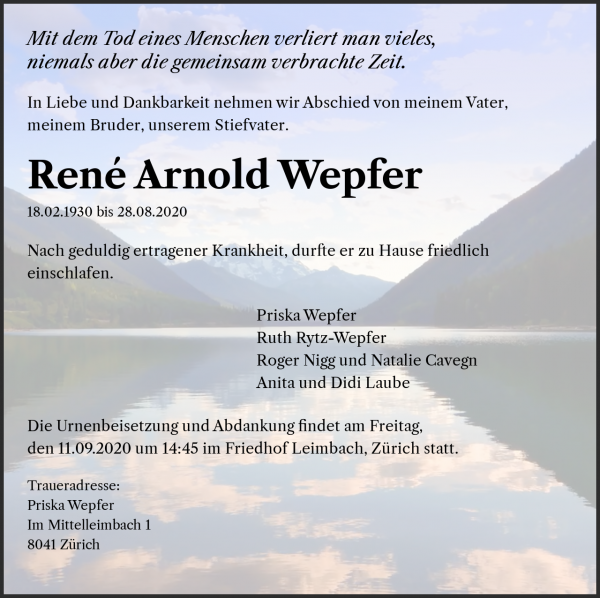 Avis de décès de René Arnold Wepfer, Zürich