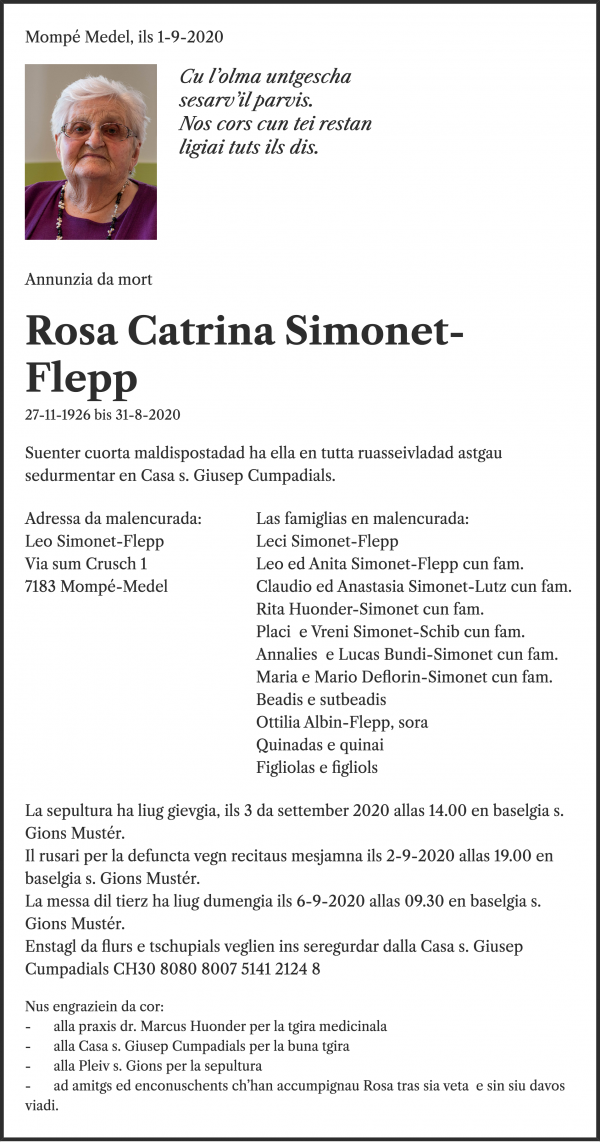 Avis de décès de Rosa Catrina Simonet-Flepp, Cumpadials