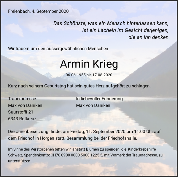 Obituary Armin Krieg, Freienbach