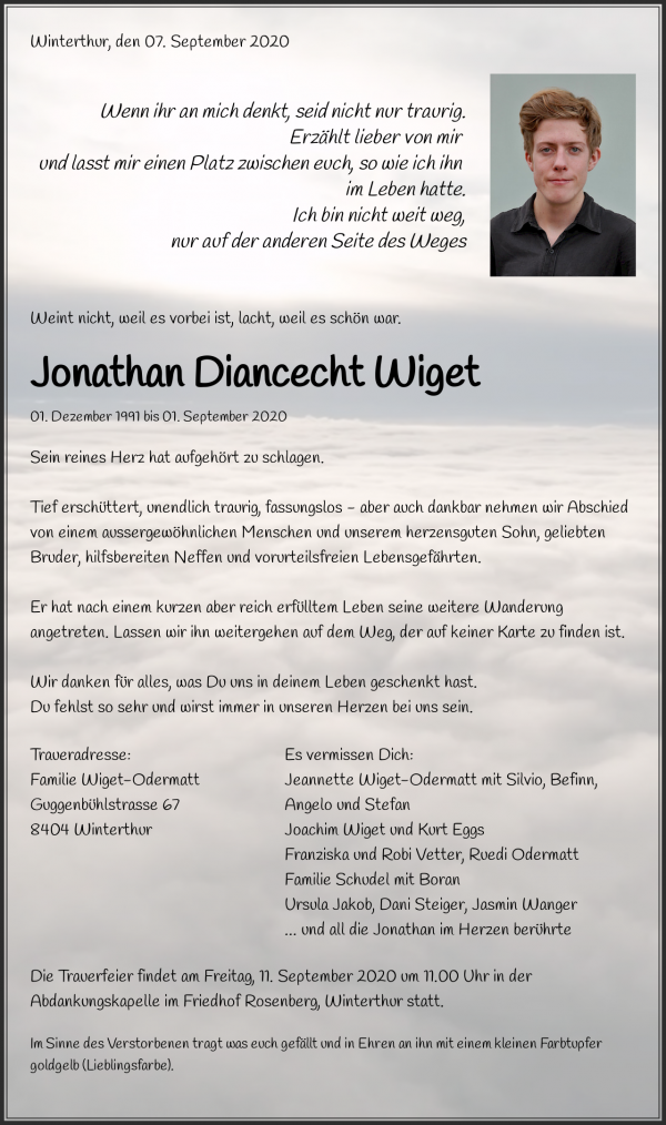 Avis de décès de Jonathan Diancecht Wiget, Winterthur