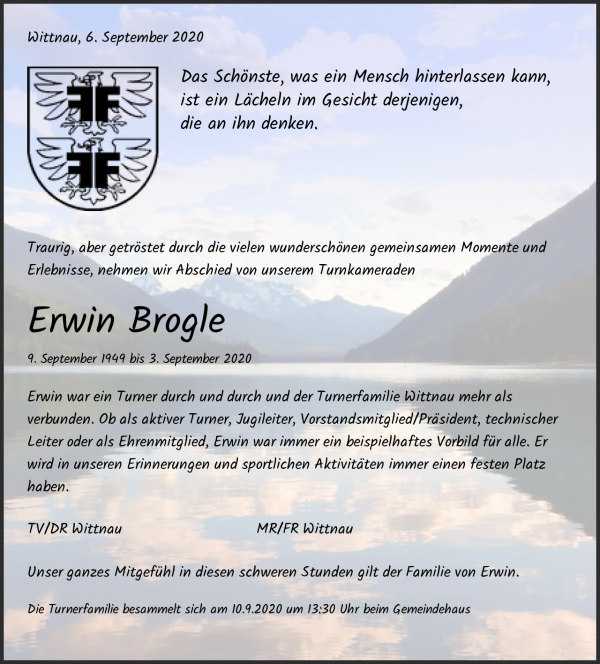 Avis de décès de Erwin Brogle, Wittnau