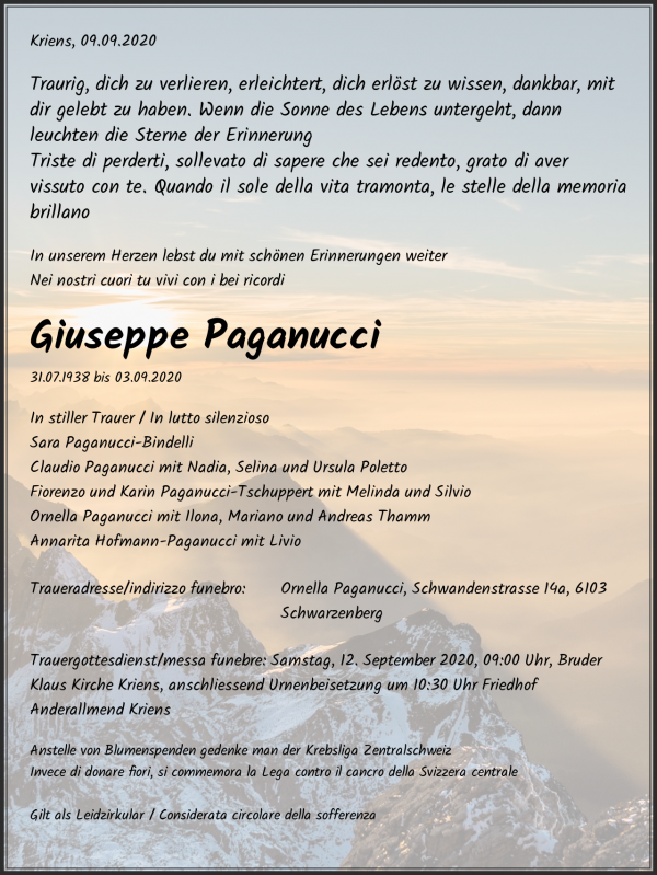 Avis de décès de Giuseppe Paganucci, Kriens