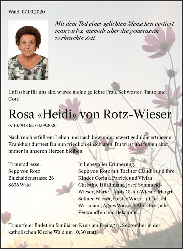 Necrologio Rosa von Rotz-Wieser, Wald