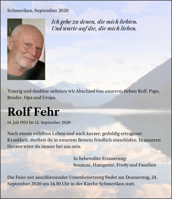 Avis de décès de Rolf Fehr, Schmerikon