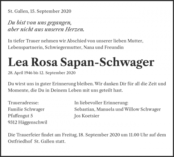 Necrologio Lea Rosa Sapan-Schwager, St. Gallen