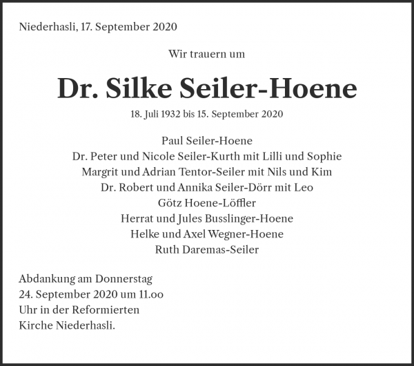 Todesanzeige von Dr. Silke Seiler-Hoene, Niederhasli