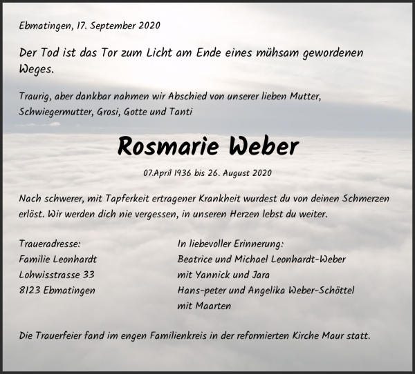 Obituary Rosmarie Weber, Ebmatingen