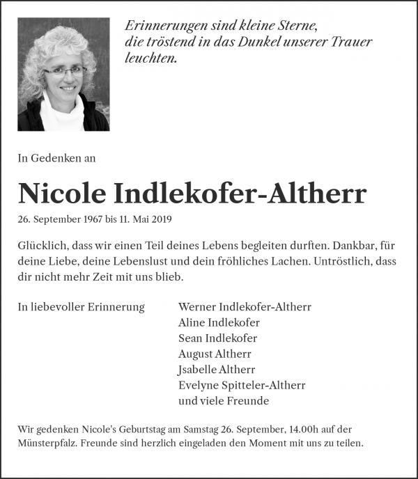 Obituary Nicole Indlekofer-Altherr, Basel