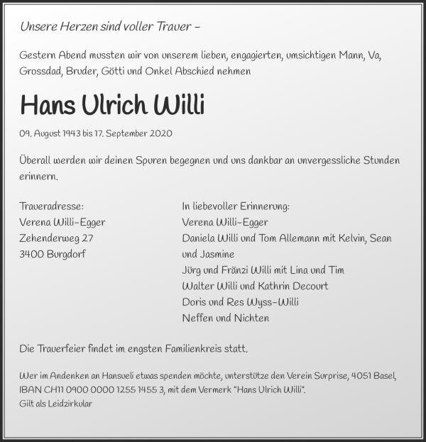 Avis de décès de Hans Ulrich Willi, Burgdorf