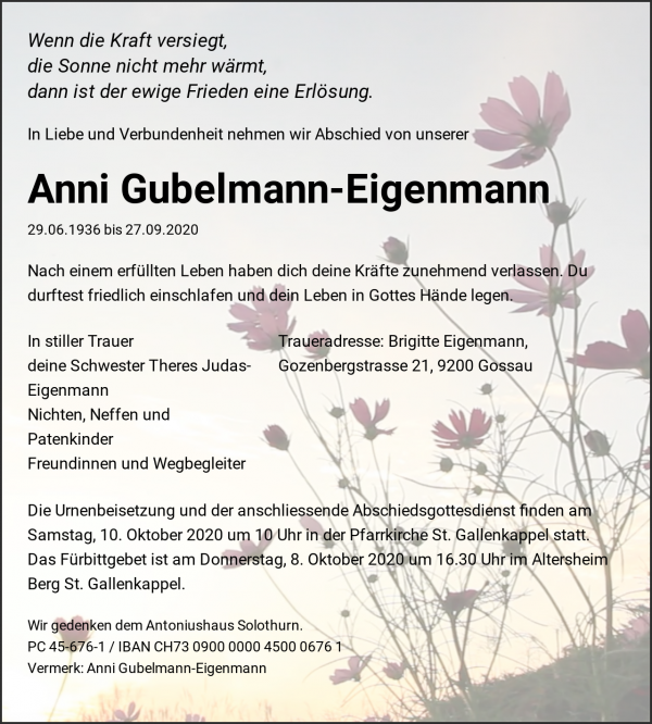 Avis de décès de Anni Gubelmann-Eigenmann, St. Gallenkappel