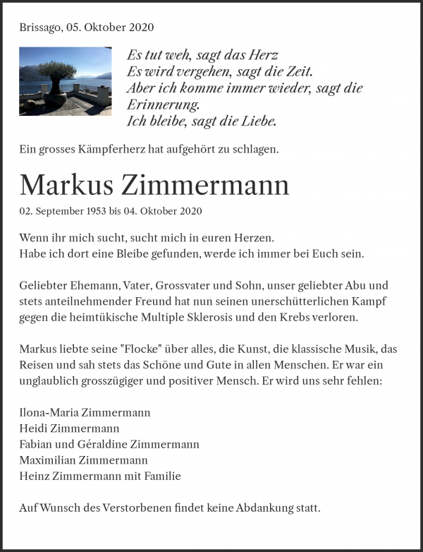 Avis de décès de Markus Zimmermann, Brissago