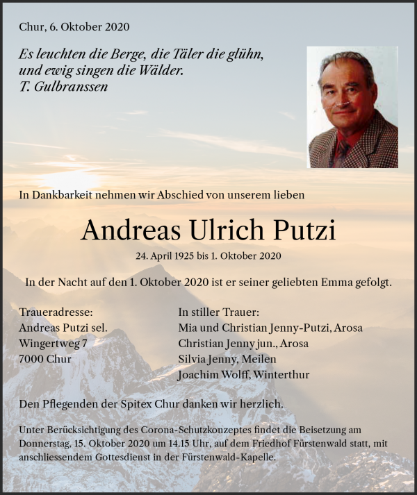 Avis de décès de Andreas Ulrich Putzi, Chur