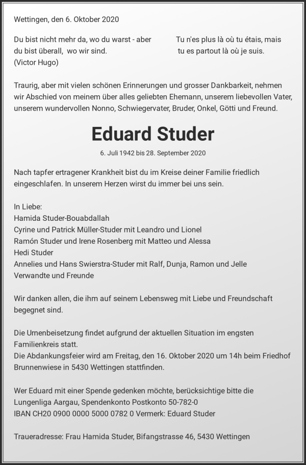 Avis de décès de Eduard Studer, Wettingen