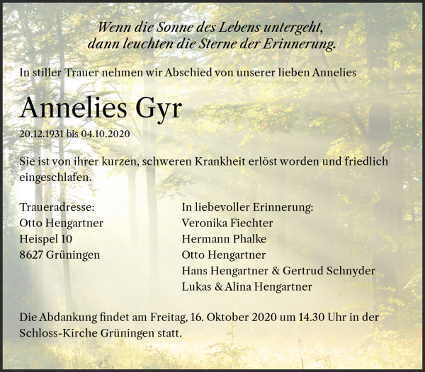 Avis de décès de Annelies Gyr, Grüningen