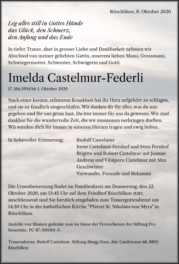 Todesanzeige von Imelda Castelmur-Federli, Rüschlikon