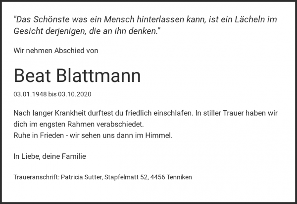 Todesanzeige von Beat Blattmann, Rheinfelden