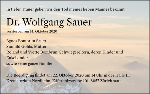 Todesanzeige von Dr. Wolfgang Sauer, Zürich