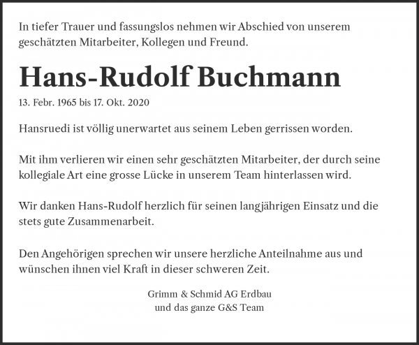 Todesanzeige von Hans-Rudolf Buchmann, Rüti