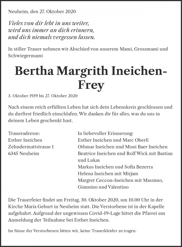 Todesanzeige von Bertha Margrith Ineichen-Frey, Baar