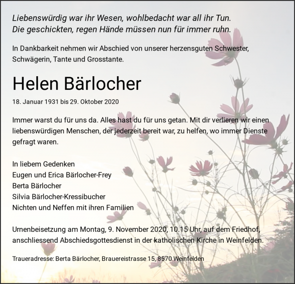 Todesanzeige von Helen Bärlocher, Weinfelden
