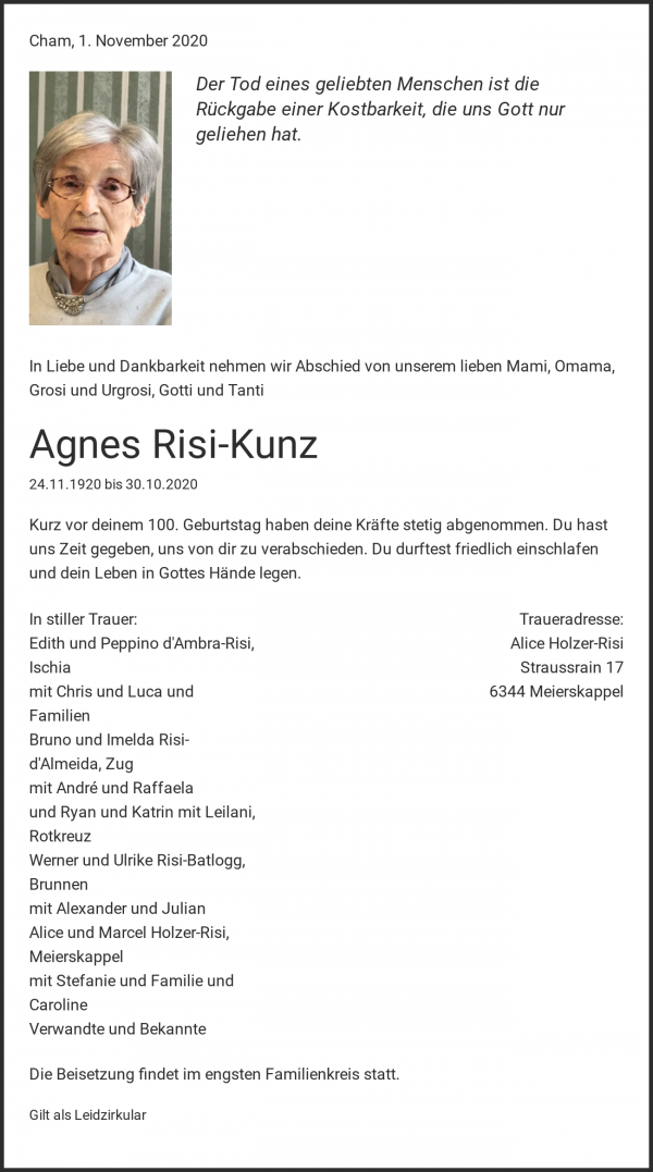 Necrologio Agnes Risi-Kunz, Cham