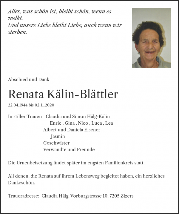 Todesanzeige von Renata Kälin-Blättler, Zizers