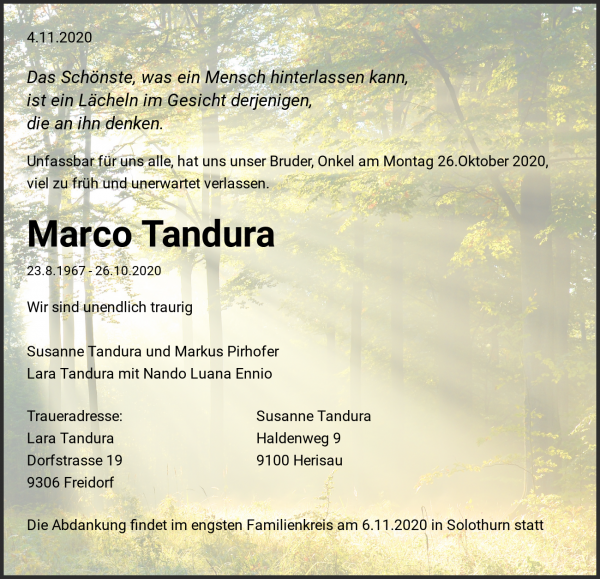 Todesanzeige von Marco Tandura, Oberdorf