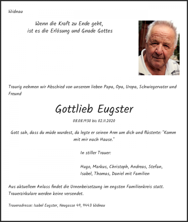 Avis de décès de Gottlieb Eugster, Widnau