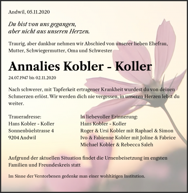 Todesanzeige von Annalies Kobler - Koller, Andwil