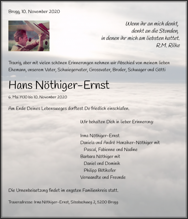Avis de décès de Hans Nöthiger-Ernst, Brugg