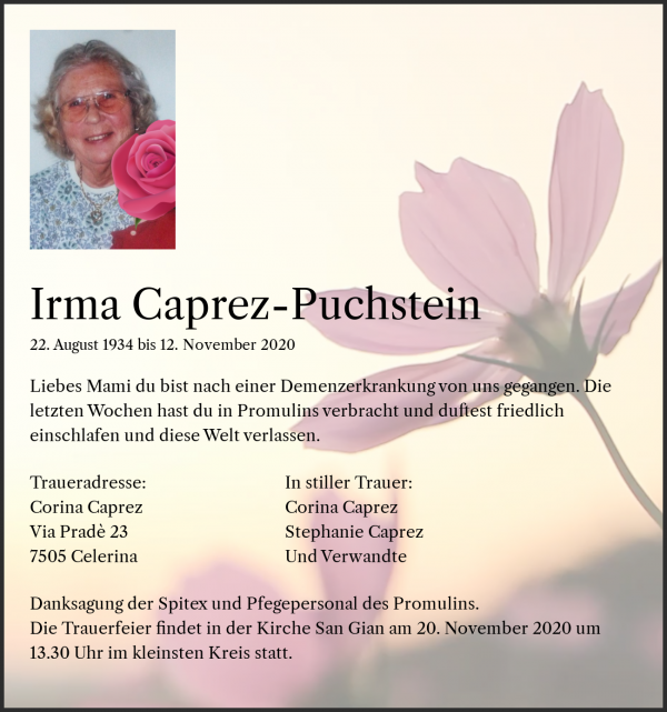 Necrologio Irma Caprez-Puchstein, Celerina