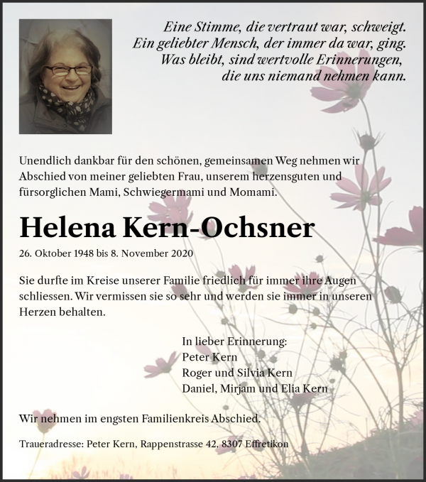 Todesanzeige von Helena Kern-Ochsner, Effretikon