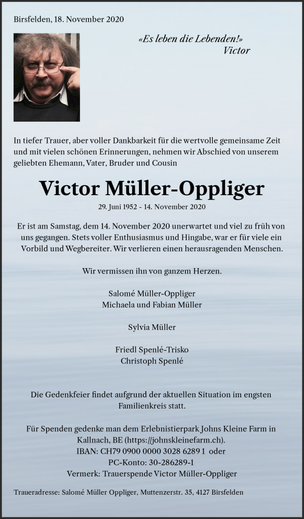 Avis de décès de Victor Müller-Oppliger, Birsfelden