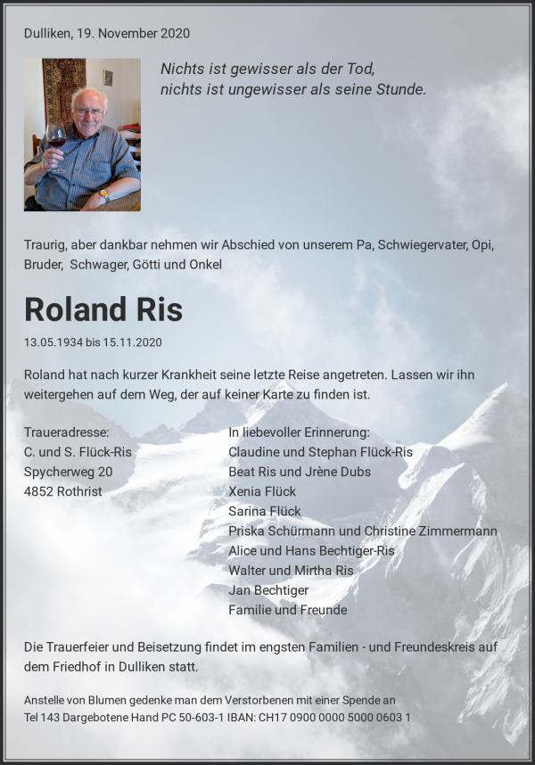 Avis de décès de Roland Ris, Dulliken