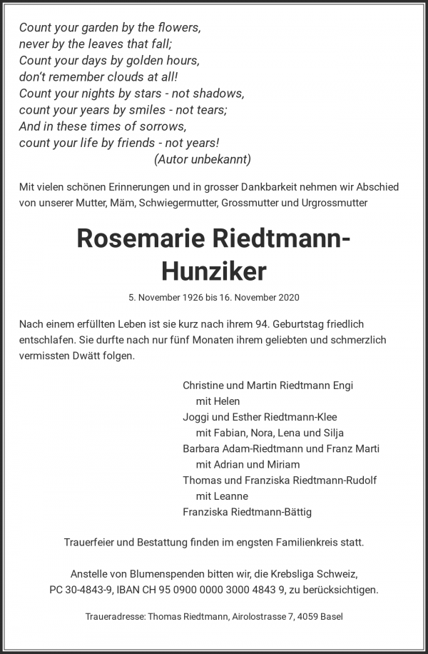 Avis de décès de Rosemarie Riedtmann-Hunziker, Basel