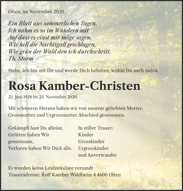 Avis de décès de Rosa Kamber-Christen, Olten