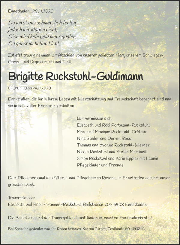 Obituary Brigitte Ruckstuhl-Guldimann, Ennetbaden