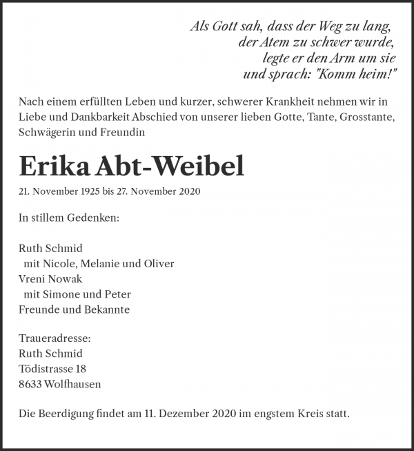 Todesanzeige von Erika Abt-Weibel, Riehen