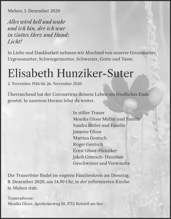 Obituary Elisabeth Hunziker-Suter, Muhen