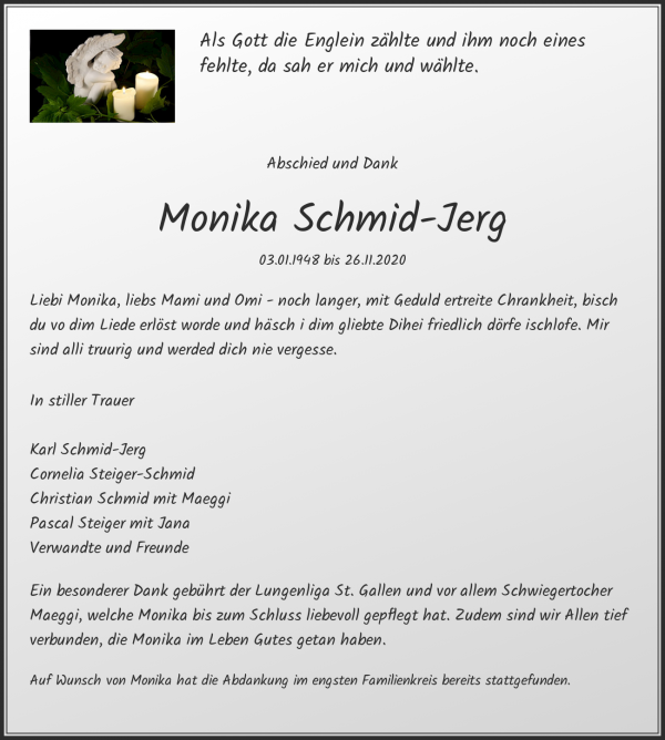 Avis de décès de Monika Schmid-Jerg, Rorschach
