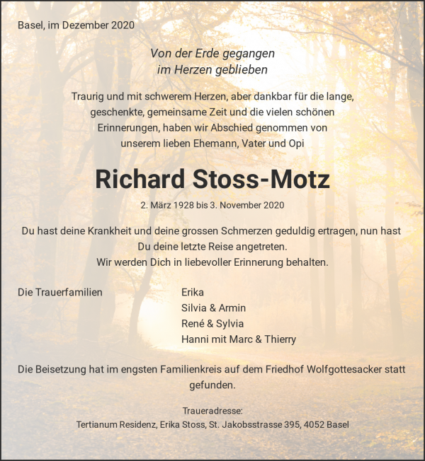 Todesanzeige von Richard Stoss-Motz, Basel