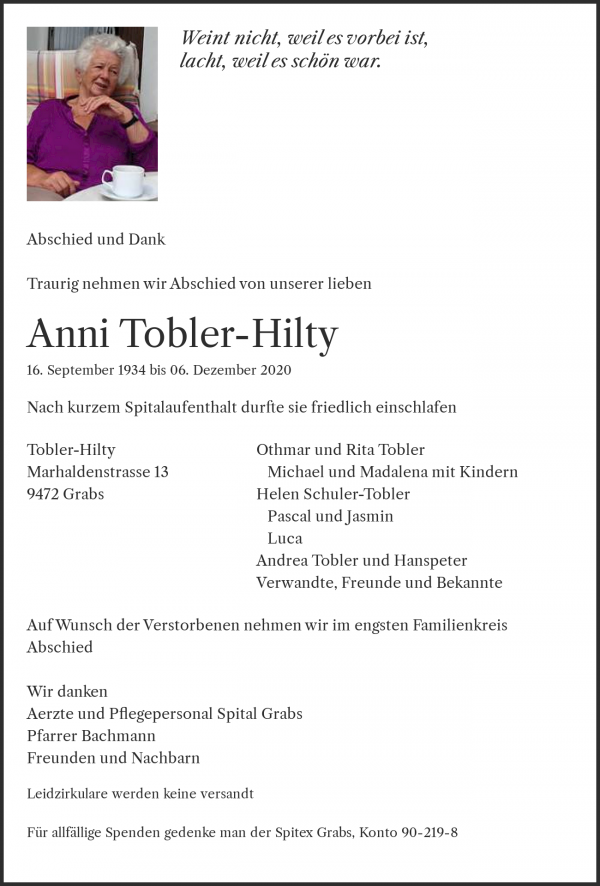 Todesanzeige von Anni Tobler-Hilty, Grabs