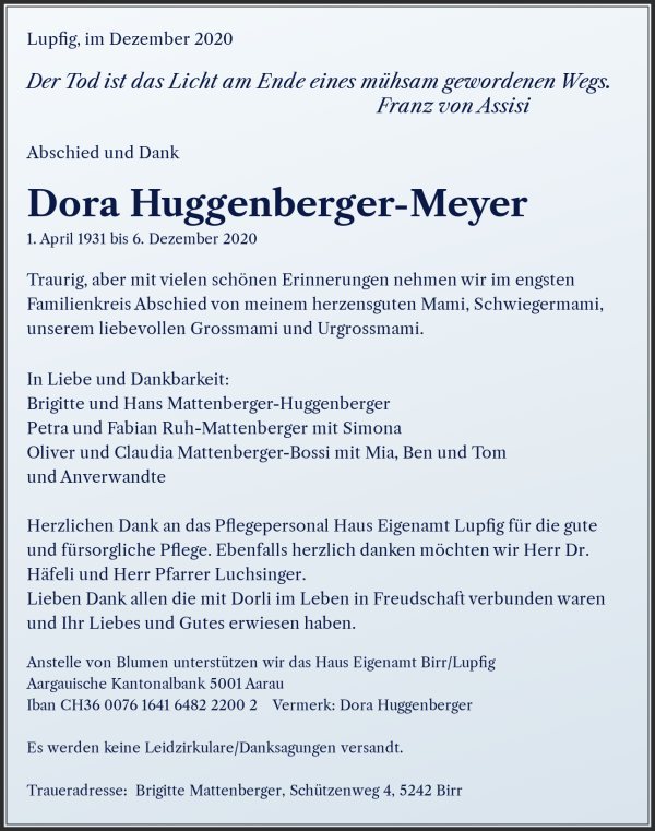 Avis de décès de Dora Huggenberger-Meyer, Lupfig